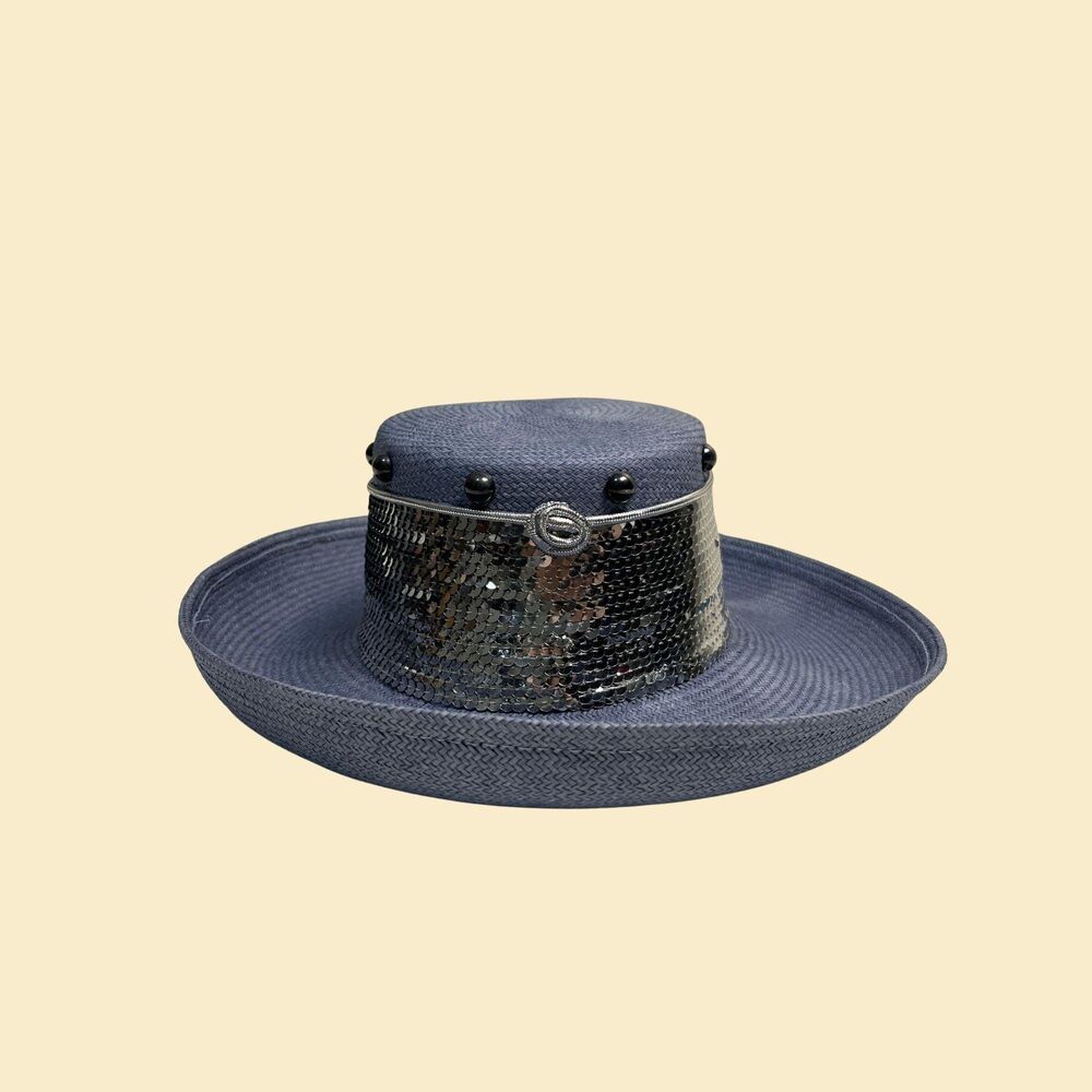 Vintage 70s/80s blue straw hat, Sonni San Francisco vintage blue derby hat